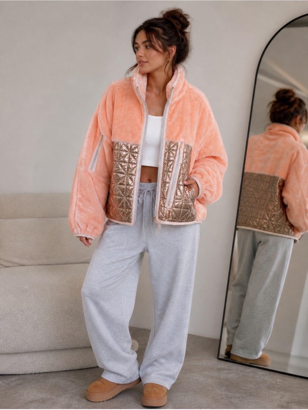 UGG Peach Faux-Fur Bomber Jacket with Metallic Quilted jacket